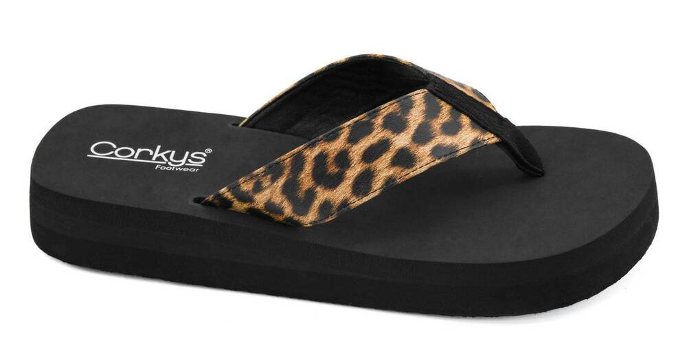 NEW CORKYS FOOTWEAR women's overboard platform flip flops in leopard
